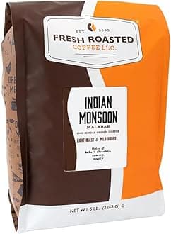 Fresh Roasted Coffee, Indian Monsoon Malabar, 5 lb (80 oz), Light Roast, Kosher, Whole Bean