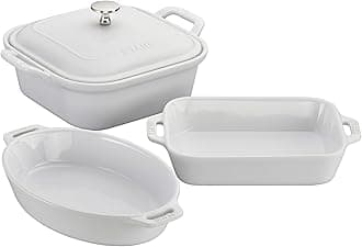 Ceramics 4-pc Baking Pans Set, Casserole Dish with Lid, Brownie Pan, White