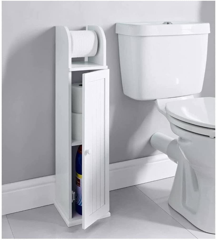 Free standing white wooden Toilet Paper Roll Holder with Shelf, Bathroom Storage Tissue Organizer