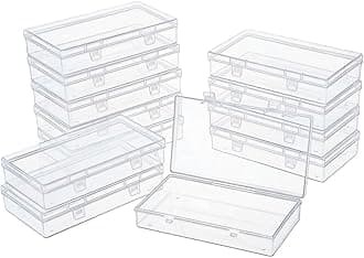 12 Pack Plastic Storage Boxes with Lids 15.5 x 8.5 x 3 cm – Rectangular Medium Containers for Diamond Art Accessories, Beads, Crafts and Hardware, Stackable Organiser Box Set