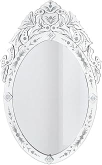 Oval Bathroom Mirror 42" x 24" Venetian Mirror with Top Crown Floral Etched Frameless Decorative Wall Mirror for Vanity Bathroom Bedroom Living Room