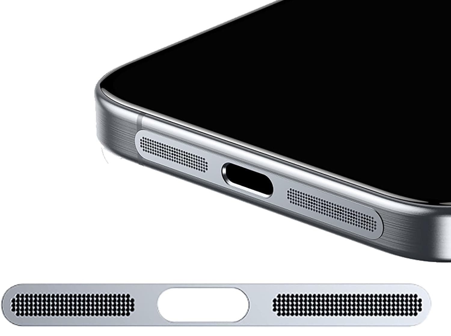 Muzz Metal Dust Proof Mesh Sticker for Iphone 16, Built-in Protective Speaker and Charging Port Upgraded Adhesive Anti Dust Sticker for Iphone 16/16 Plus/16 Pro/16 Pro Max Silver