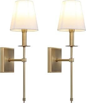 Permo Set of 2 Classic Rustic Industrial Wall Sconce Lighting Fixture with Flared White Textile Lamp Shade and Antique Brass Tapered Column Stand