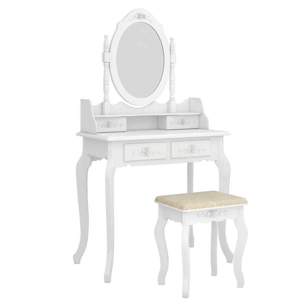 Hommoo Makeup Vanity Sets with Mirror & Cushioned Stool,Dressing Table Vanity Makeup Desk 4 Drawer Removable 360 Degree Rotation Mirror (White)