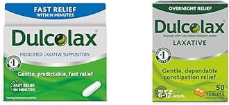 Dulcolax Fast Relief Medicated Laxative Suppositories Fast Relief, Rectal Use Only, Bisacodyl, 10 mg & Overnight Relief Laxative for Gentle Constipation Relief, Bisacodyl 5 mg Tablets, 50 Count