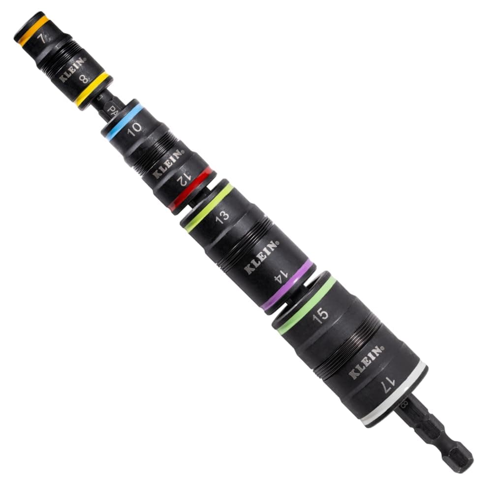 Klein Tools 32934M Impact Driver, 8-in-1 Metric Socket Set, 4 Flip Sockets with 7, 8, 10, 12, 13, 14, 15 and 17mm Nut Driver Sizes, Impact Rated 6-1/2-Inch Shaft