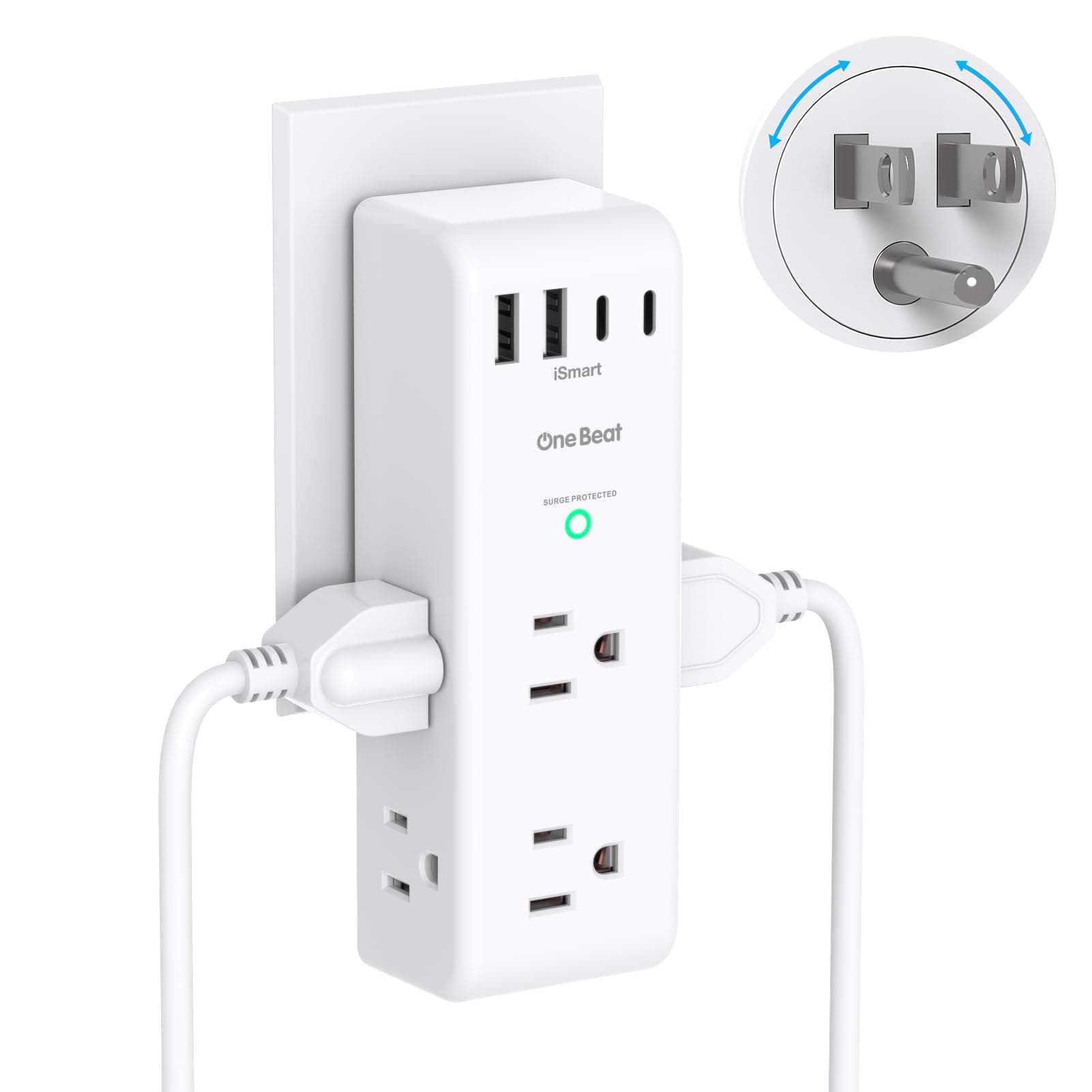 Surge Protector Outlet Extender with Rotating Plug - One Beat 6 AC Multi Plug Outlet with 3 USB Ports (1 USB C), 1800J Wall Charger, 3-Sided Power Strip Spaced Outlet Splitter for Home Office Travel