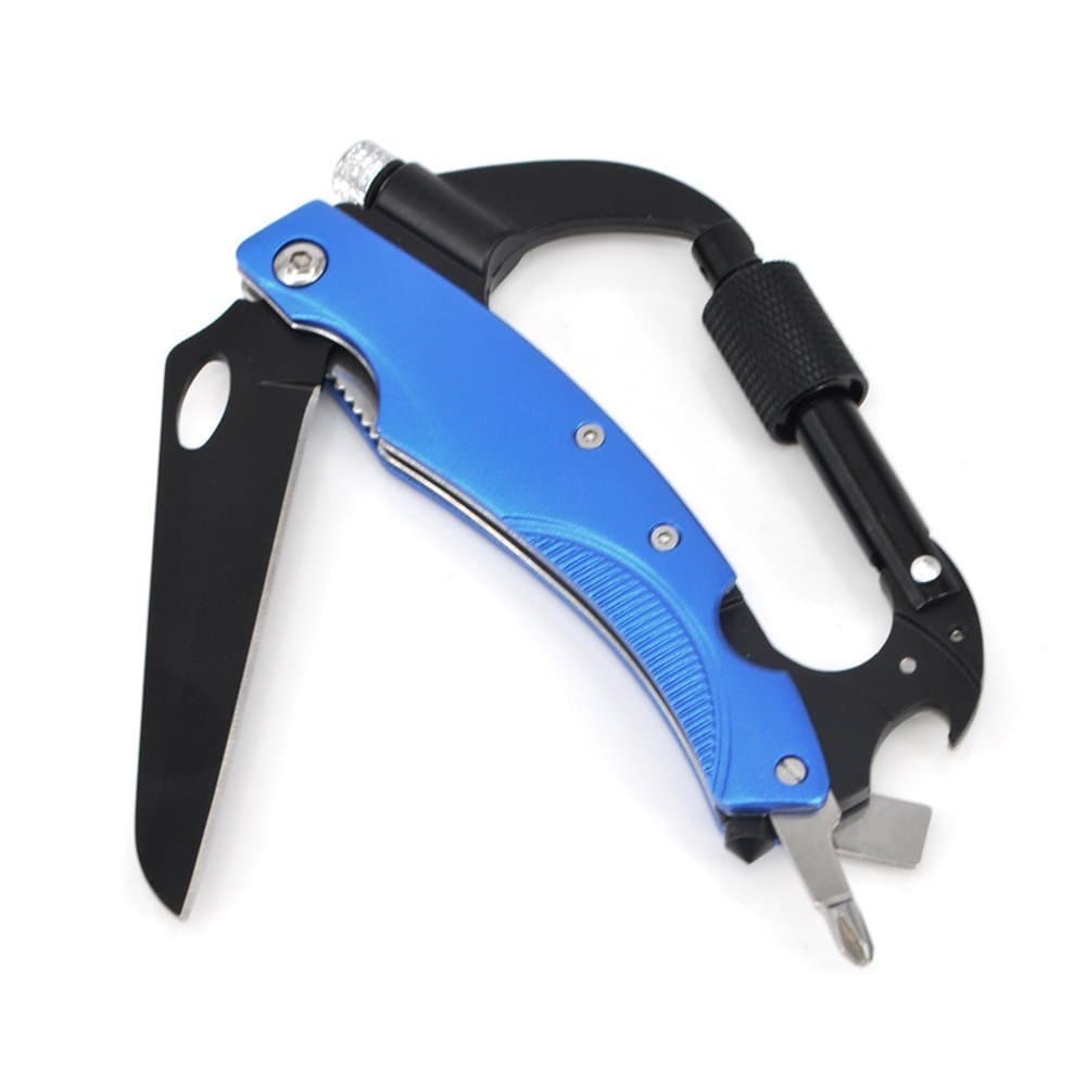 Stainless Climbing Carabiner, 8-in-1 Multi-functional D Ring Locking Carabiner Hook Climbing Gear with knife LED light Screwdriver Glass Breaker Bottle Opener and Side Lock Plate