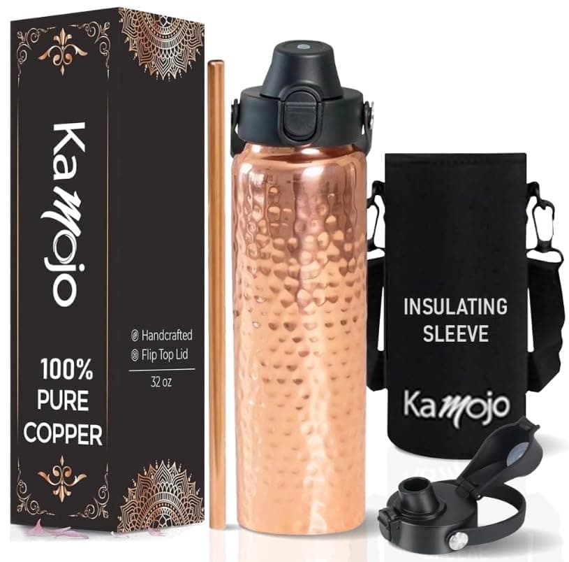 Kamojo Pure Copper Water Bottle for Drinking - Push Button Lid, Removable Insulating Sleeve & Straw - Hammered Handcrafted 32 fl oz Ayurvedic Cup for Water