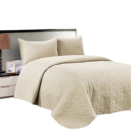 Prewashed 3 PC Solid Color Soft Pattern Coverlet Quilt Set, Ivory, Queen