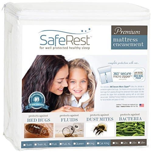 SafeRest Queen Size Premium Waterproof Lab Certified Bed Bug Proof Zippered Mattress Encasement - Designed For Complete Bed Bug, Dust Mite And Fluid Protection White Fits 9-12 In. H