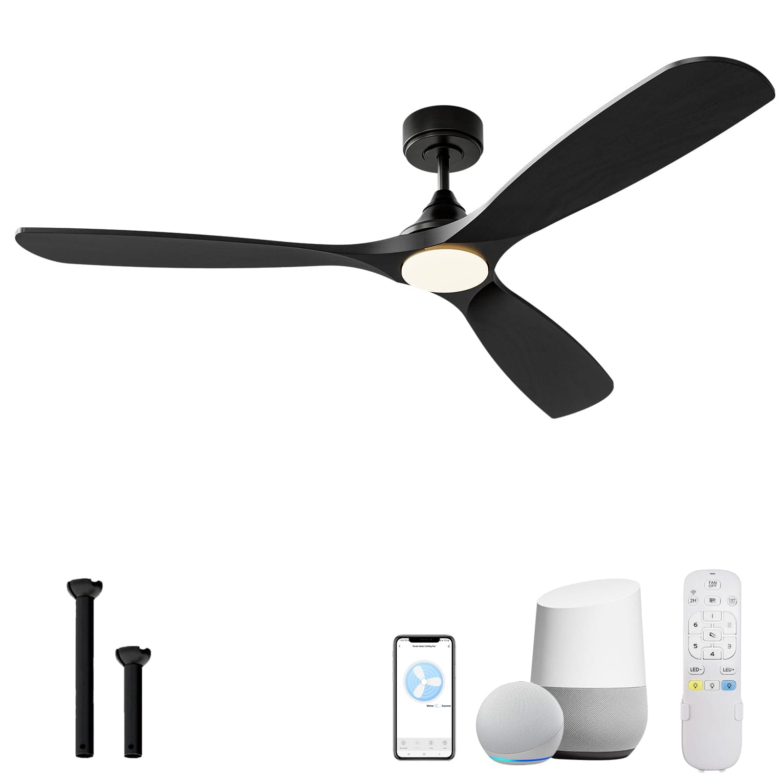 60 Inch Smart Ceiling Fan with Lights, Solid Wood Ceiling Fan with Remote, Alexa and App Controls, ETL Quiet DC Motor 6 Speed, Timing, High CFM, Dimmable LED Light for Home Office, Black