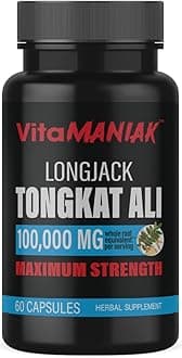 Longjack Tongkat Ali Capsules for Men, Root Extract & Turkesterone, Herbal Supplement for Men's Health & Muscle Growth, Dietary, High Potency 100:1 Extract 1000mg Per Serving, 60 Capsules