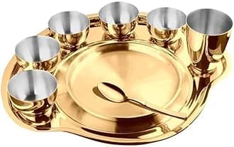 Prabha Stainless Steel Dinner Set of 9 Pcs | Shagun Rajwada Gold Thali Set For Serving | Bhojan Thal Kitchen Dinnerware Set Ideal Gifting Anniversary, Wedding | Durable, Cleanable, Useable, High Grade