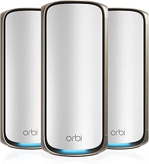 Orbi 970 Series Quad-Band WiFi 7 Mesh Network System RBE973S, Router + 2 Satellite Extenders, Covers Up to 10,000 sq. ft., 200 Devices, 10 Gig Internet Port, BE27000 Up to 27Gbps - White