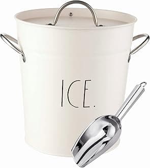 Rae Dunn Ice Bucket with Scoop - Stainless Steel Bucket with Handle, Lid and Ice Scooper - 4 Qt. Storage Bin for Ice Cubes for Bars, Parties, Backyard Barbeques, Picnics, and Camping (White)