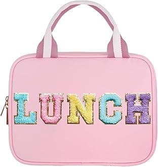 Janhavi Cute Insulated Lunch Bag for Women Personalized Preppy Kids Lunch Box for Girls Reusable Nylon Cooler Bag Lunch Tote Bag with Chenille Letter for School Beach Picnic Travel -LUNCH