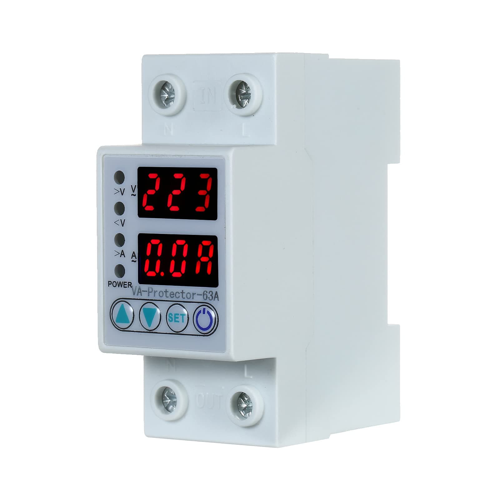63A 220V Din Rail Adjustable Dual LED Display Over and Under Voltage Protector Relay, Over Current Protection Device for Home Usage