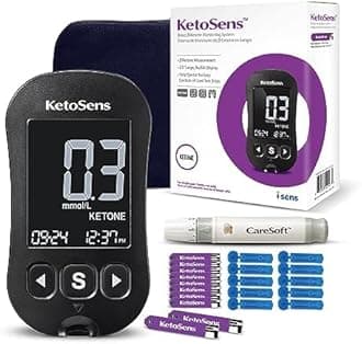KetoSens Blood Ketone Monitoring System Set: Single Meter + 60 Ketone Test Strips, 10 Lancets (30G), 1 Lancing Device, 2 Batteries, a Instructions for Use, 1 Logbook, 1 Carrying Case