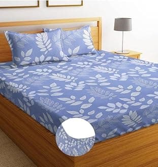 BSB HOME Premium Cotton Elastic Fitted Bedsheets with 2 King Size Pillow Covers | Double Bed with All Around Elastic 180 TC Supersoft | (72"x78",White & Light Blue)