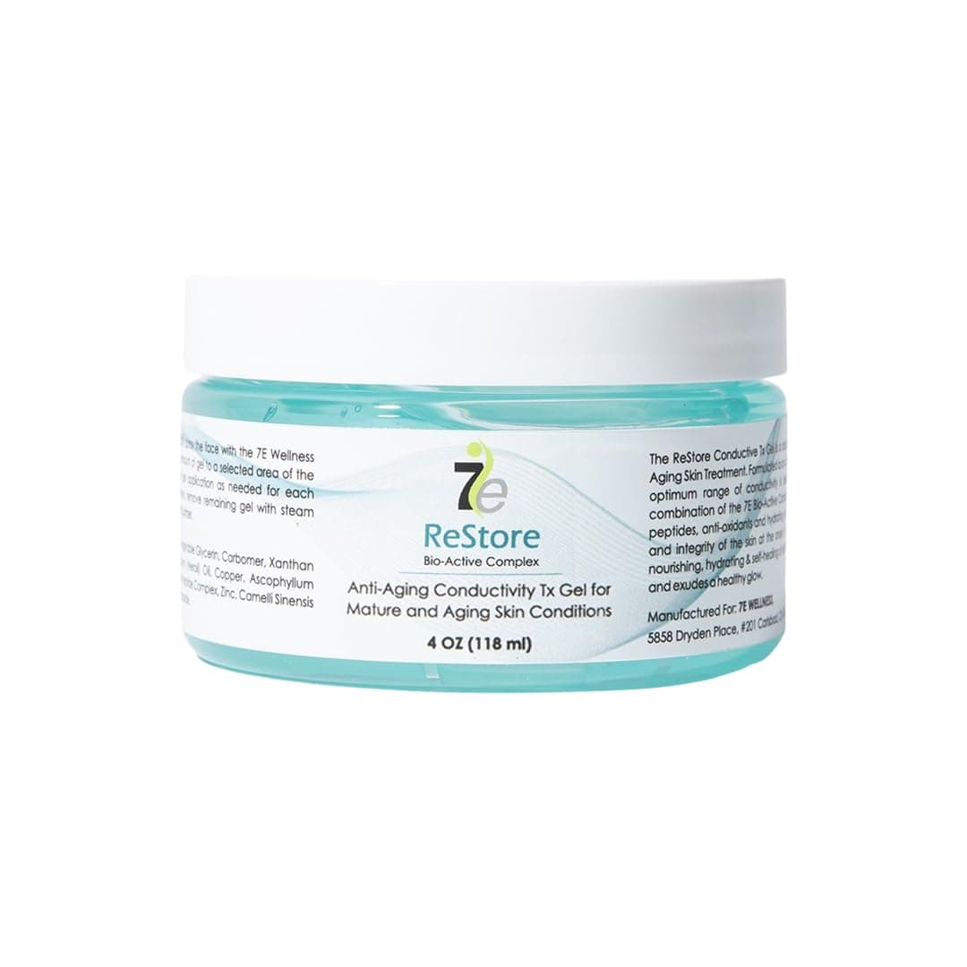 7E Wellness ReStore Conductive Microcurrent Gel with Bio-Active Complex - 4oz - Facial Skin Care with Green Tea Extract, Hyaluronic Acid & Collagen Peptides - Anti-Aging & Skin Tightening