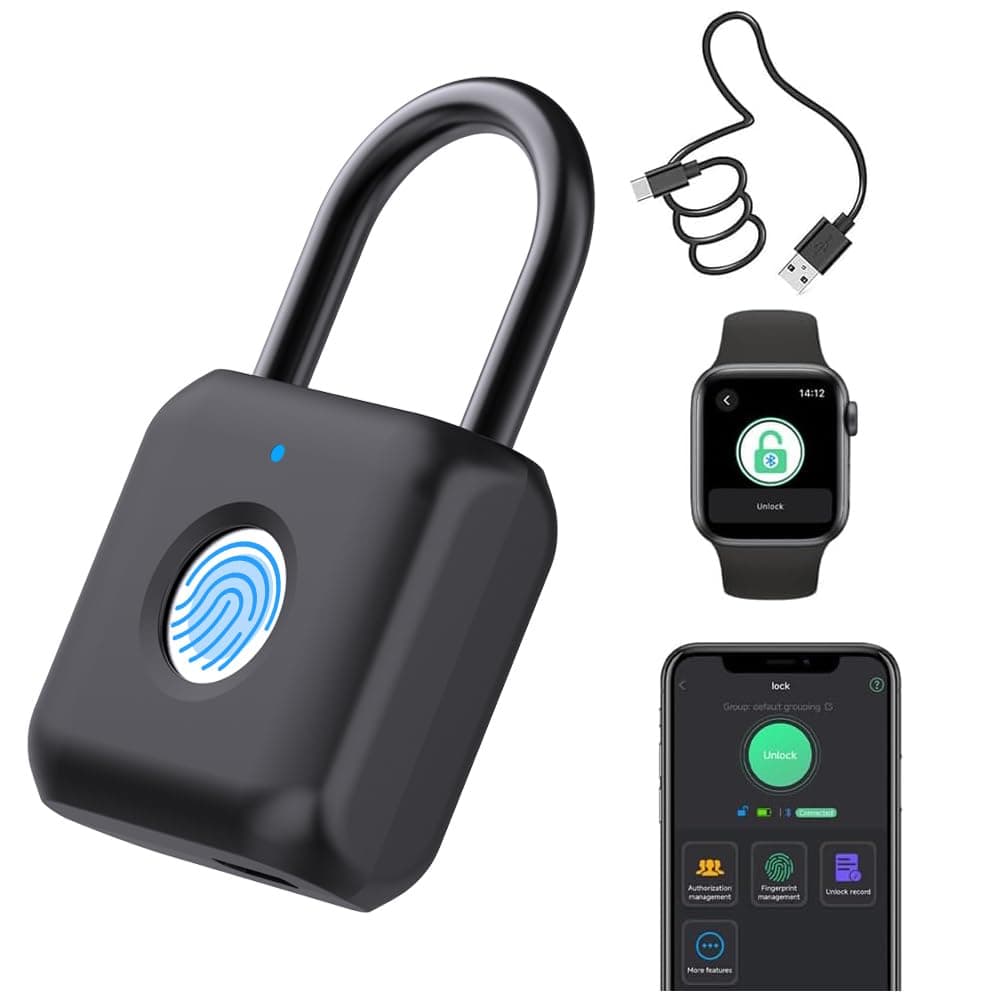 eLinkSmart Fingerprint Padlock Phone Watch App Gym Locker Lock: Keyless Padlock Bluetooth Remote Black Metal for Locker Backpack Suitcase Luggage