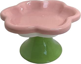 Ceramic Elevated Cat Bowls Flower Dish,Small Raised Dish.Flower Ceramic Raised Bowls for Cats and Small Dogs reducing pet’s Neck Bending and Pressure （Pink White Green）