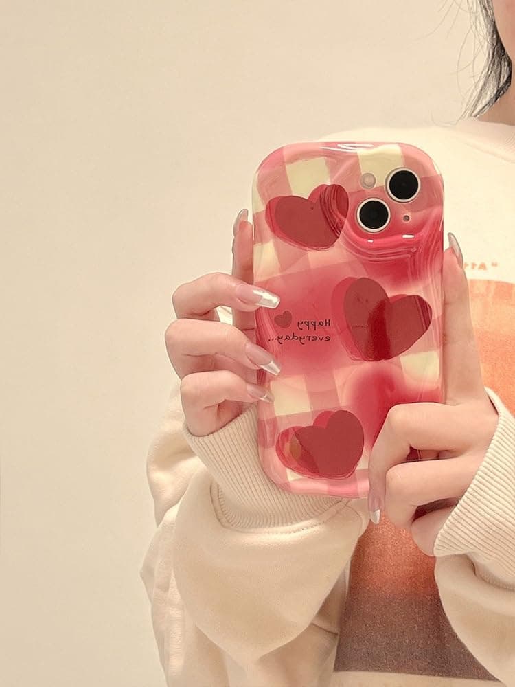 PANDACAMELCompatible iPhone 15 Pro Max Case, Wavy Curly Edge, Pink and White Cute Pattern Print, High Grade TPU Cover and Hard PC Case, Anti-Scratch, Designed for Women Girls Teen