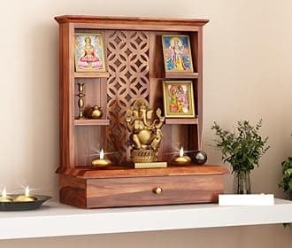 Santosha Decor Wall Mounted, Free Stand, Pooja, Mandir, Sheesham (Rosewood) Solid Wood Home Temple (Brown), 63.5 Cm, 26.67 Cm