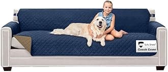 Sofa Shield Couch Slip Cover with Patented Strap, Large Cushion Protector, Reversible Stain and Dog Tear Resistant Slipcover, Quilted Microfiber 88” Seat, Washable Covers for Dogs Pets Kids, Navy Sand