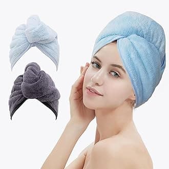 Hair Drying Towels, Hair Wrap Towels, Super Absorbent Microfiber Hair Towel Turban with Button Design to Dry Hair Quickly (2 Pack) (Beige)