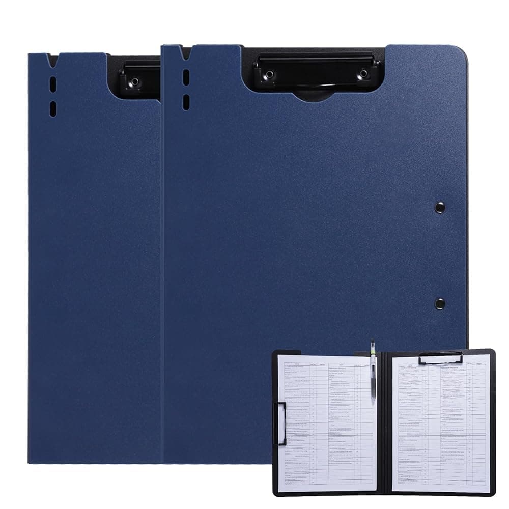 FRETONBA Clipboard Folder, 2 Pcs A4 Foldable Clipboard with Horizontal and Vertical Double Metal Clips, 360 Degree Foldable Binder Clipboards with Pen Holder, File Cover Work Folder Clipboards, Blue