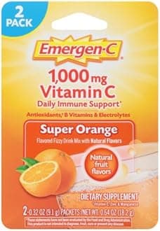 Emergen-C 1000mg Vitamin C Powder for Daily Immune Support Caffeine Free Vitamin C Supplements with Zinc and Manganese, B Vitamins and Electrolytes, Super Orange Flavor - 2 Count