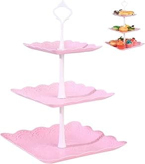 3 Tiers Cake Display Stand, Pink Afternoon Tea Stands, Plastic Square Cup Cake Fruit Dessert Party Server Plates Stands, Reusable Food Serving Platter Stand for Birthday, Wedding, Party