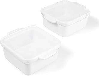 Souper Cubes Stoneware - 5" x 5" Baking Dishes for Oven with Silicone Covers, Premium Mini Ceramic Baking Dishes, Perfect for Reheating Individual Portions in Oven or Microwave, Set of 2 - White