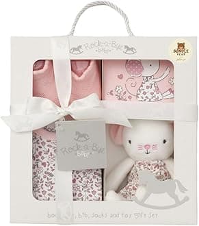 Bundle Bear Baby Girl Newborn Baby Gift, 4 Piece Luxury Boxed Baby Girl Gift Set - Baby Shower Gifts for Mum, Featuring Bodysuit, Bib, Socks and Soft Toy (Pink, 0-3 Months)