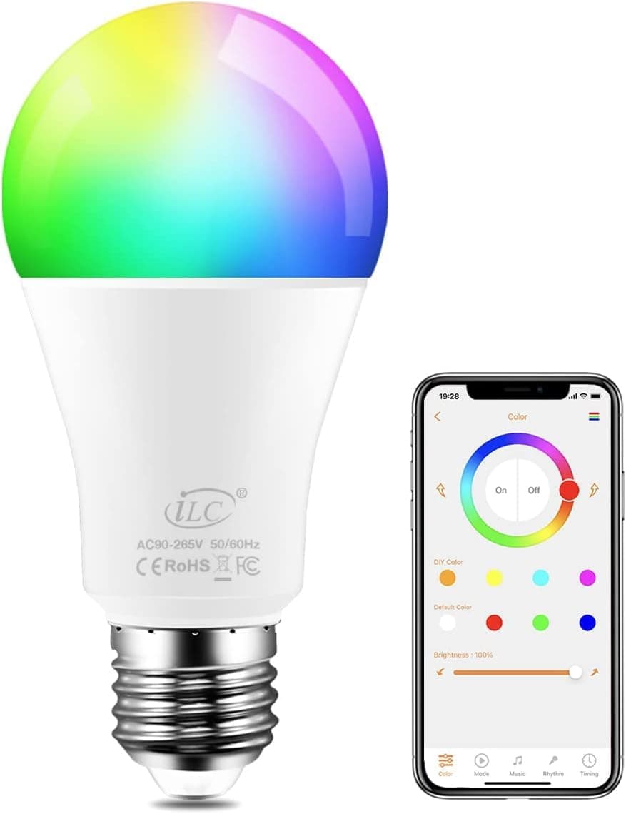 Colour Changing LED Light Bulb E27 RGBW Controlled by APP, Sync to Music, Dimmable Multi-Color 60 Watt Equivalent