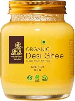 Pure & Sure Organic A2 Desi Ghee 500 ML | 100% Pure Cow Ghee | Made by Traditional Bilona Method | Curd-Churned | Natural Immunity Booster & Other Benifits (Glass Jar)