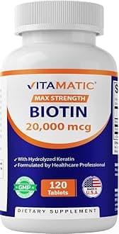 Vitamatic High Potency Biotin 20000 mcg (20mg) with Keratin 100mg - 120 Vegetarian Tablets - Biotin Supplements for Healthy Hair Skin & Nails for Adults