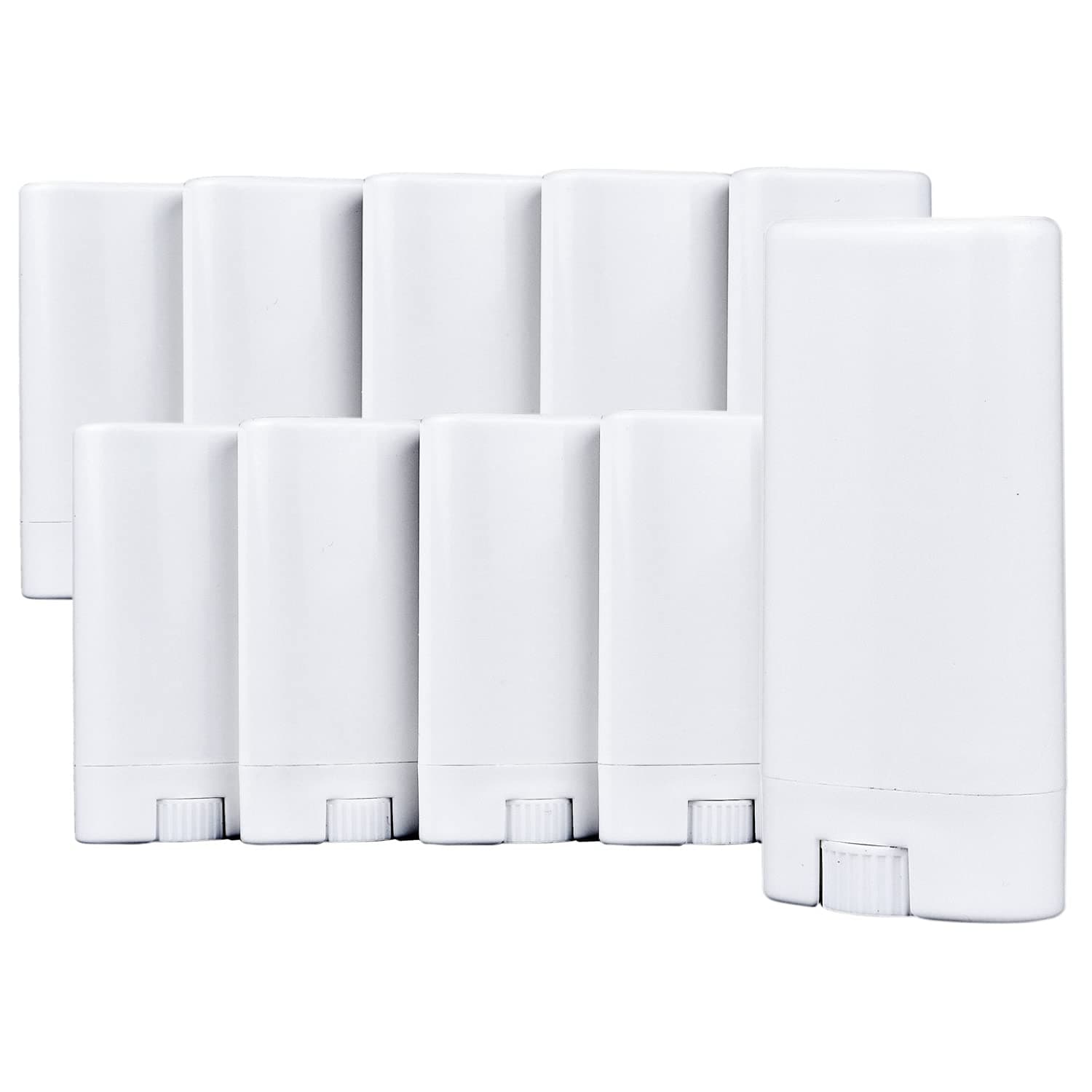 Deodorant Containers (10-Pack) - White - 0.5 Oz (15 ml) - 20 Writable Stickers - Twist Mechanism and Cap - Empty - Refillable Cosmetic Containers for Homemade Natural Deodorant, Lip Balm, Soap, etc.