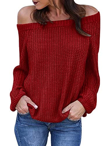 JOYCHEER Womens Off The Shoulder Sweaters Fall Oversized Cable Knit Pullover Jumper (Medium, Burgundy)