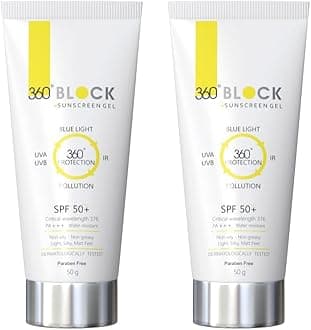 360 Block Sunscreen Gel SPF50 (50g) | Lightweight, Non-Greasy, No White Cast | Broad Spectrum UVA, UVB, Blue Light & IR Protection | Pollution Defense with BlueShield & Clair Blanche II PACK OF 2