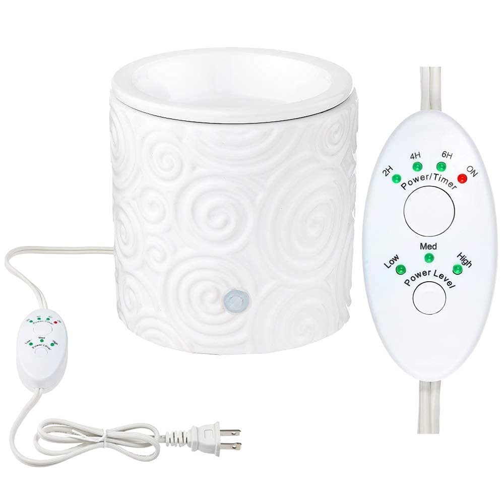 White Swirl Ceramic Candle Warmer Electric with Safety Timer | Automatic Plug in Fragrance Warmer for Scented Wax Melts, Cubes, Tarts | Air Freshener Set for Home Décor, Office, and Gifts