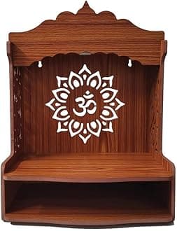 ZUPER Wood Hand Crafted Om Carved Pattern with LED Spot Light Home Temple I Pooja Temple for Office I Puja Ghar I Ideal for Worship Hanging Stand for Puja (Brown-5) (Pack of 1)