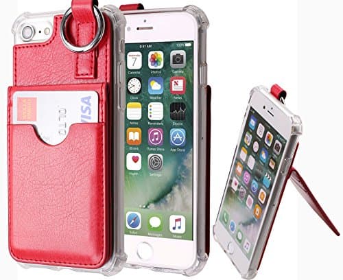 iPhone 7 Wallet Case,[Pocket Ring Bumper] Credit Card Case [Kick Stand] Protective Hybrid Case [Key Ring Holder] with 3 Cards Slot Wallet for iPhone 7 (Red)