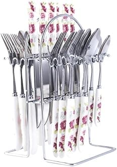 Stainless Steel Spoons, Forks & Knives Set of 24 with Stand and Ceramic Handle (Pink Rose)