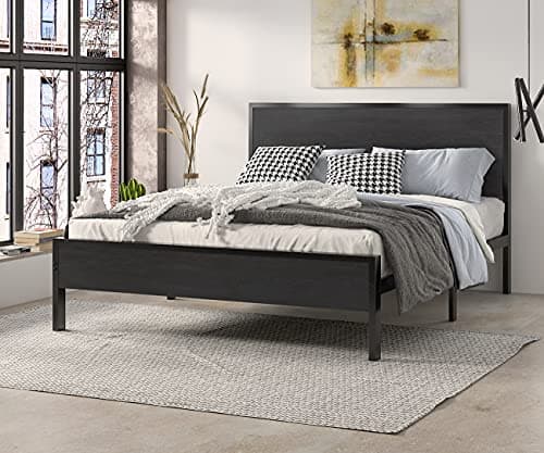 SHA CERLIN Queen Bed Frame with Headboard, Heavy Duty Platform Base with Under-Bed Storage, Solid Metal Construction, No Box Spring Needed, Easy Assembly, Black Oak
