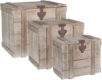 Household Essentials Antiqued Decorative Trunk, 3 Piece Set, Small, Medium and Large, Chinese Fir Panel and MDF, Smooth Backing and Metal Hinge Accent, Flat Top and Stay-Open Lid