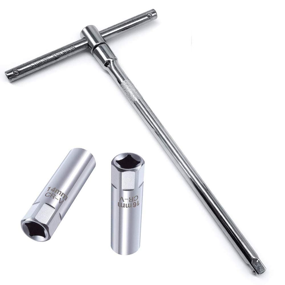 OSOF 14mm & 16mm Spark Plug Socket Thin Wall 12-Point Removal Tool 3/8 inch Square Drive Set + 3/8-Inch Drive Sliding T bar Torque Spanner Extension Kit 10inch/25cm