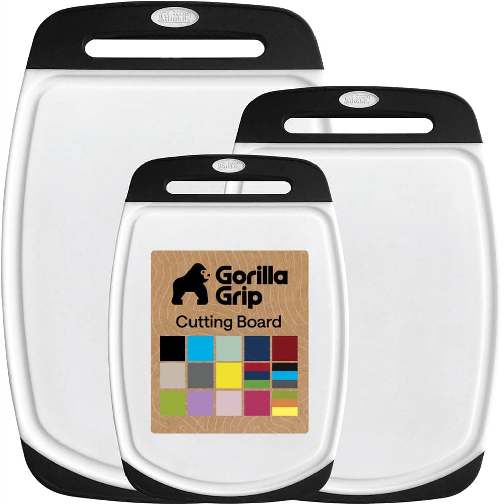 GORILLA GRIP BPA-Free Reversible Kitchen Cutting Board Set of 3, US Designed, Nonporous, Juice Grooves Catch Liquid, Slip Resistant Border, Dishwasher Safe, Durable Large Food Chopping Boards, Black
